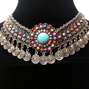 Colorful Choker Necklace With Dangling Coins
